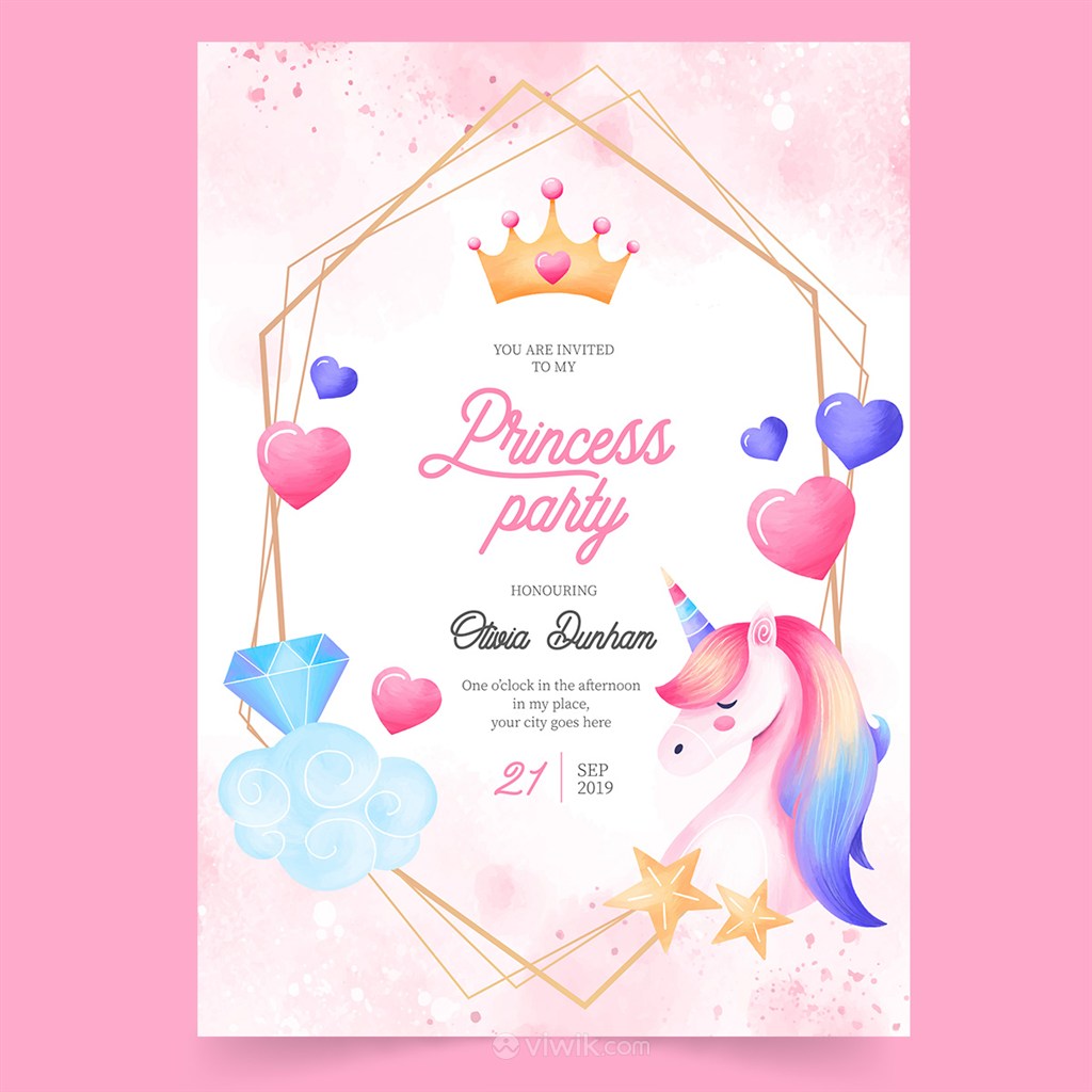 粉色独角兽小公主生日派对海报矢量插画模板
