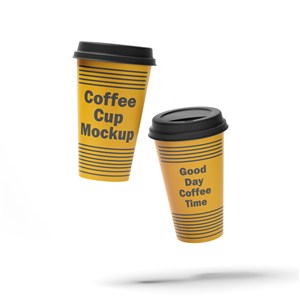 两个悬浮的黄色一次性咖啡杯贴图样机
