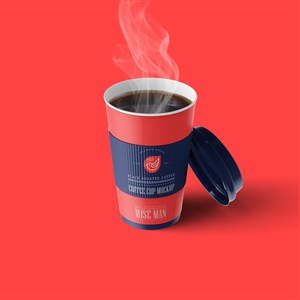 装满咖啡冒着热气的红色一次性咖啡杯贴图样机