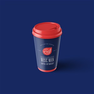 带红色杯盖的蓝色一次性咖啡杯贴图样机