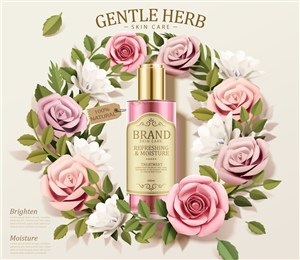 天然玫瑰花朵背景护肤品品牌广告模板