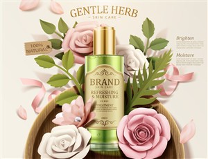 精美粉玫瑰花朵背景护肤品品牌广告模板