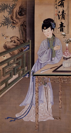 雍正十二靛藍色服飾靠在桌旁的美人圖繪畫圖片