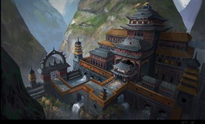 中國風CG原畫繪畫山上的建筑物圖片
