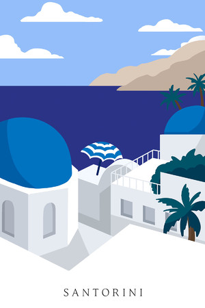 世界著名旅游城市建筑圣托里尼风景插画海报