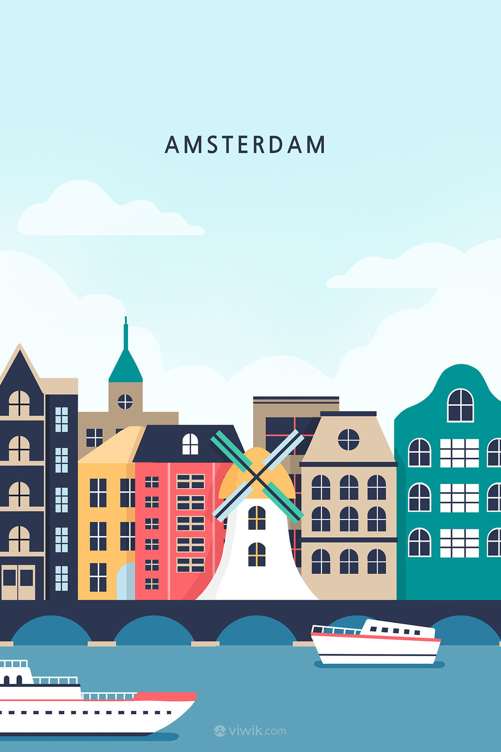 世界著名旅游城市建筑阿姆斯特丹风景插画海报