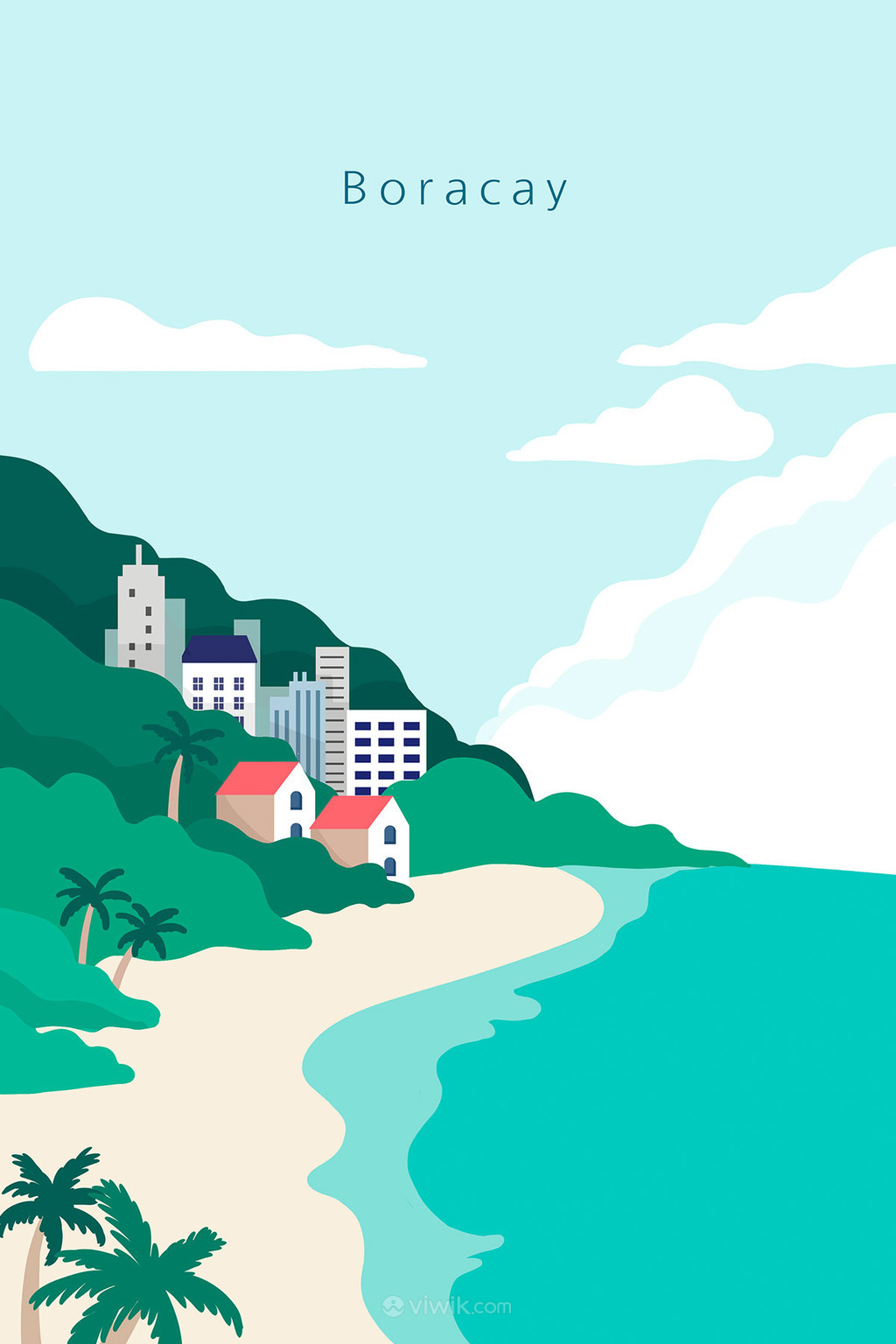 世界著名旅游城市建筑长滩岛风景插画海报