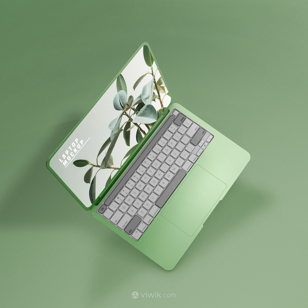 綠色背景懸浮的筆記本電腦貼圖樣機