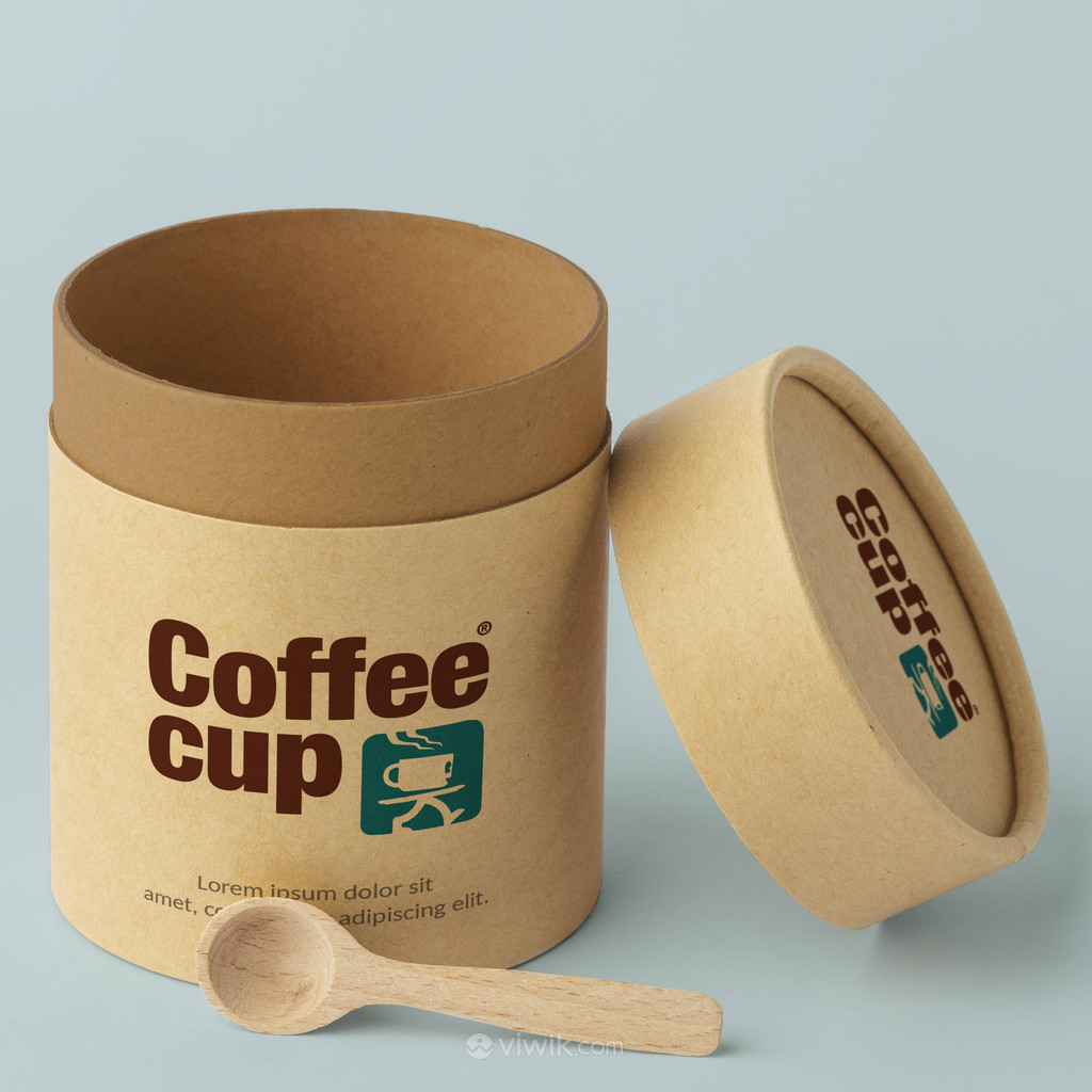 勺子牛皮纸圆筒咖啡豆包装贴图样机