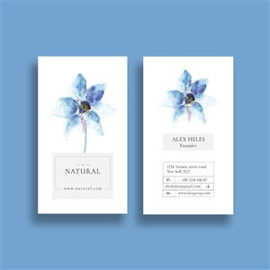 蓝色手绘花朵装饰名片模板