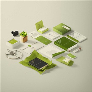 绿色精美办公用品vi设计样机模板