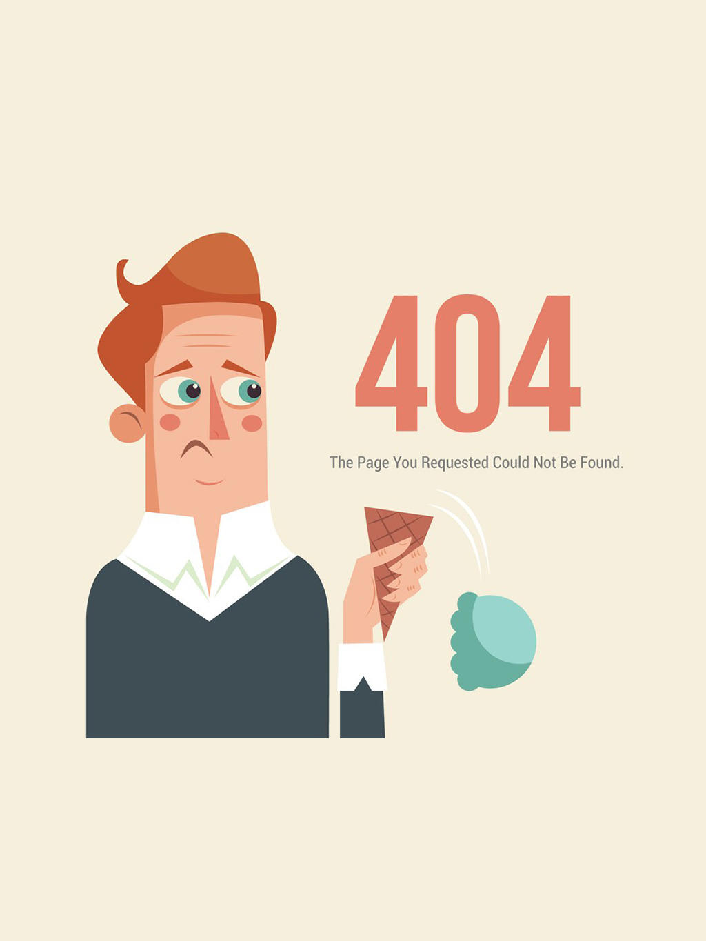创意404错误页面弄掉冰淇淋的男子矢量图