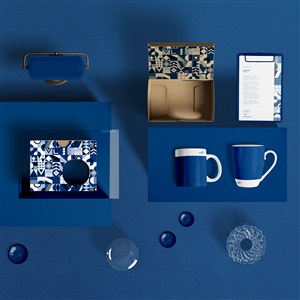 2020蓝色品牌vi马克杯包装盒A4夹板样机