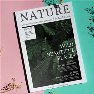 红蓝背景上的自然杂志样机