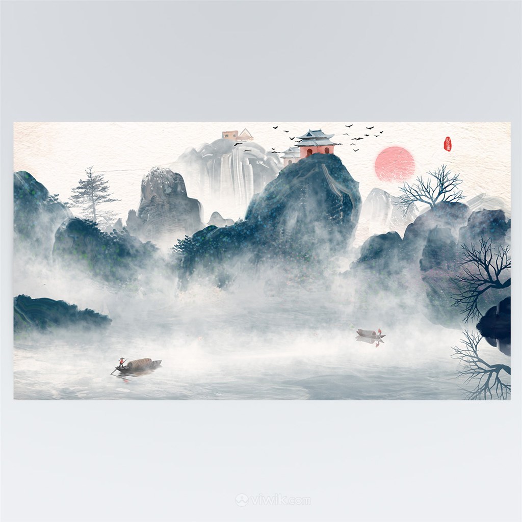 中国风诗意水墨山水画背景素材