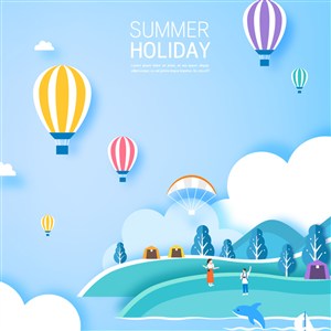 假日戶外度假熱氣球風景插畫矢量素材