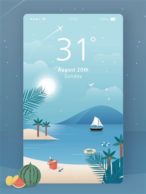 扁平化夏日海滩风景插画手机壁纸UI设计界面启动页