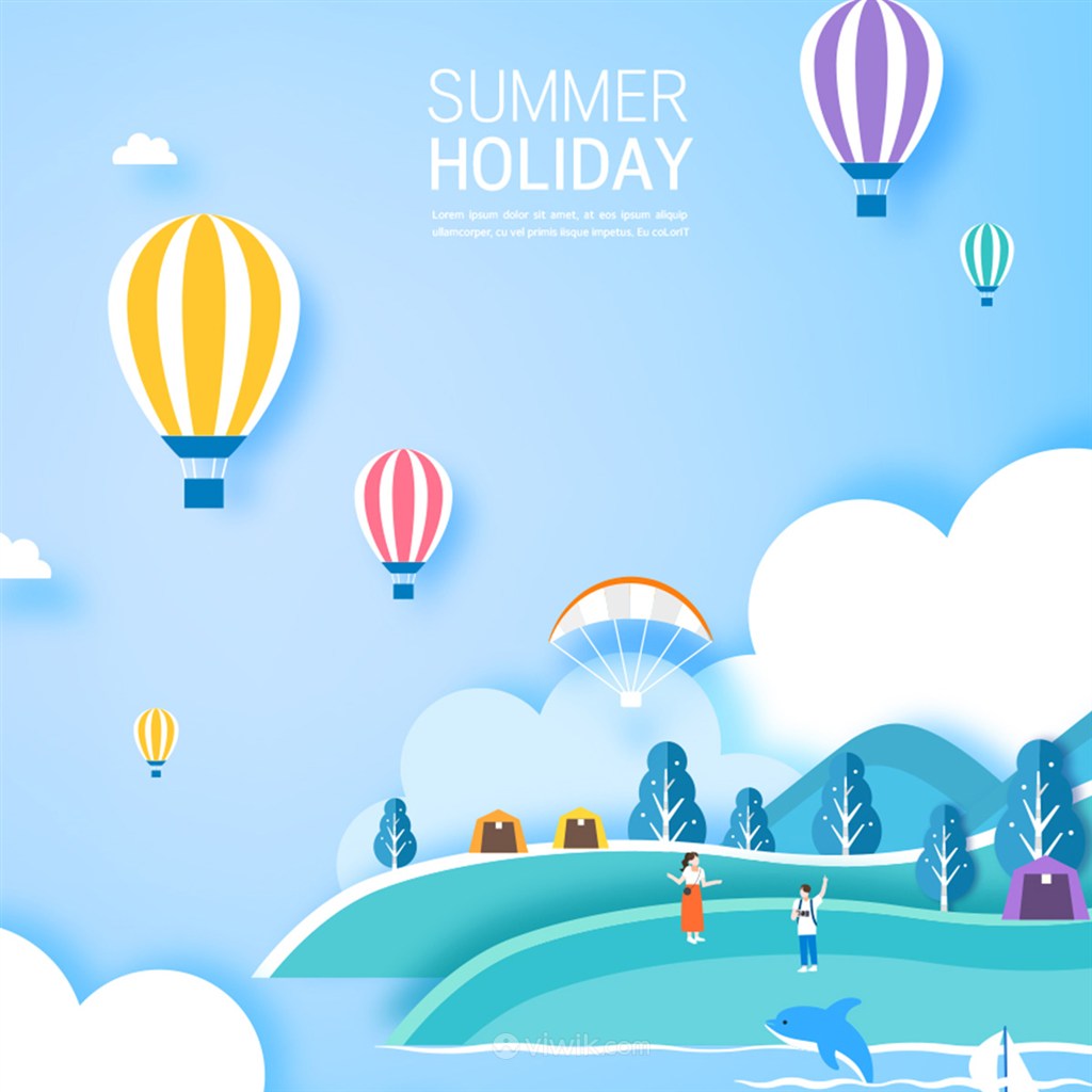 假日户外度假热气球风景插画矢量素材