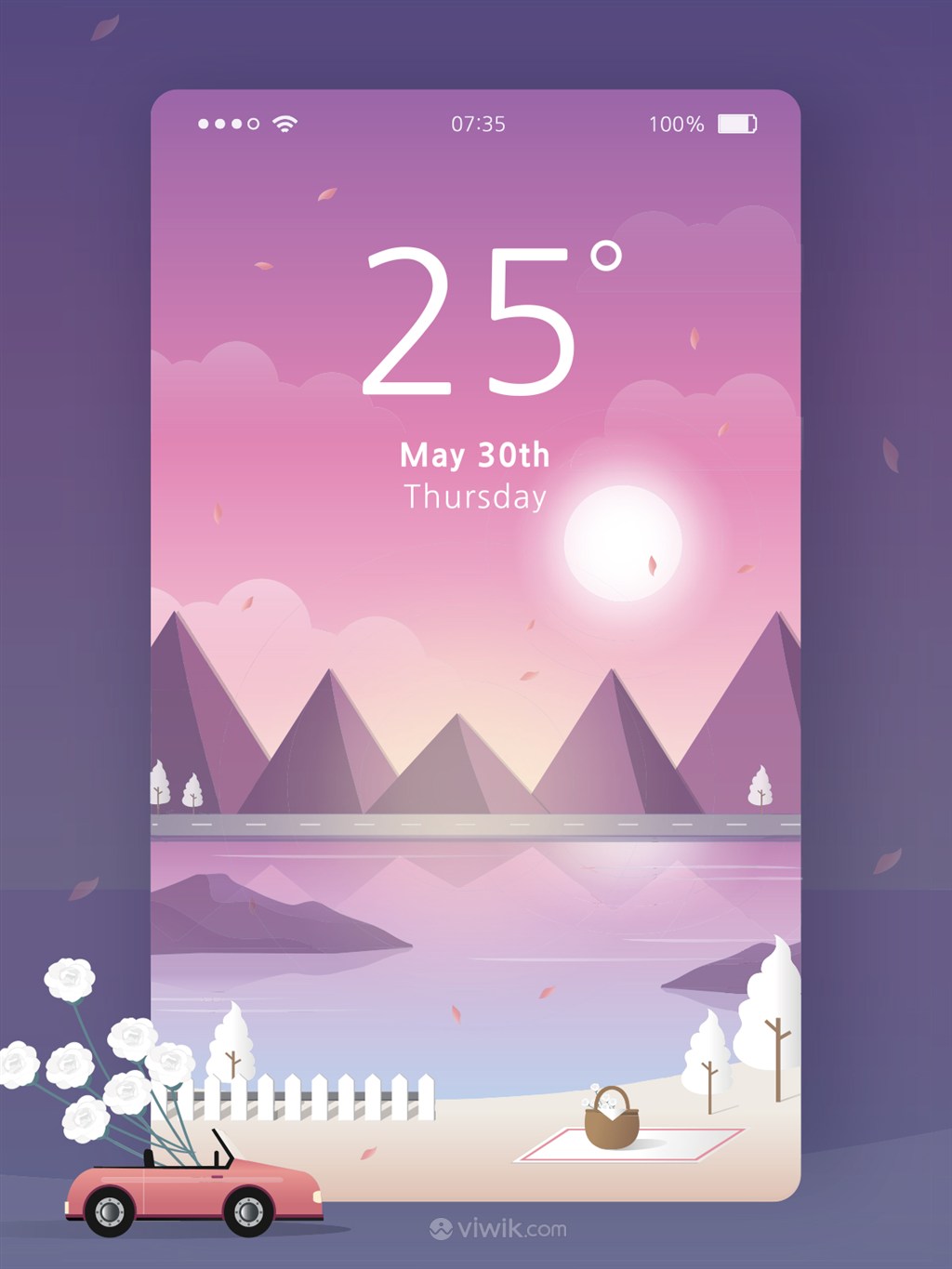 扁平化紫色旅游风景插画手机卡通壁纸UI启动页界面
