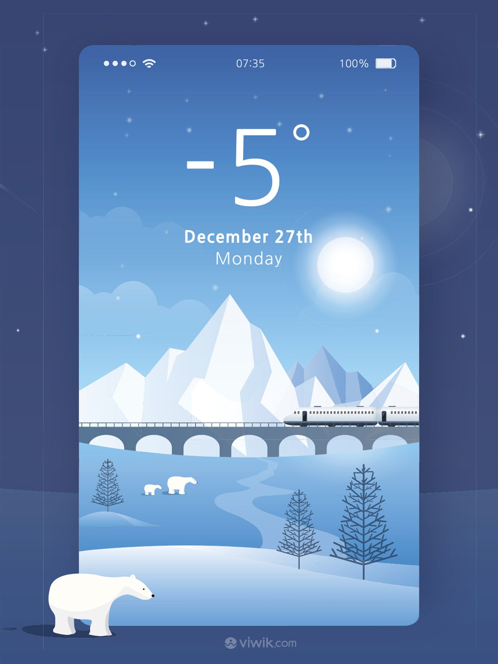 扁平化蓝色雪山风景插画手机卡通壁纸UI启动页界面