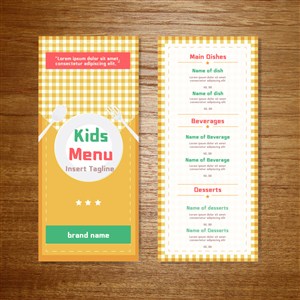 国外鲜艳明黄色彩儿童餐厅菜单设计模板.eps