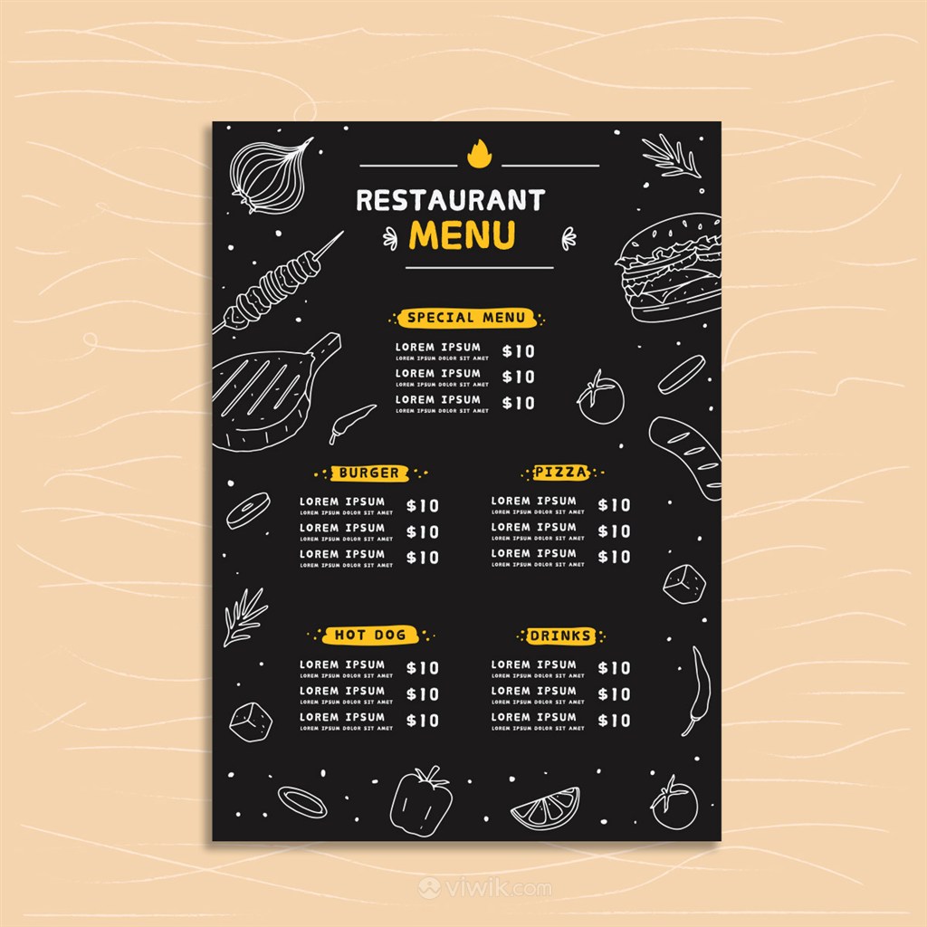 国外创意简笔画手绘餐厅菜单模板.eps