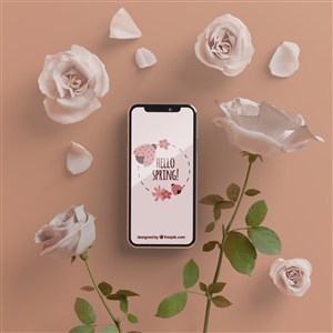 被玫瑰花包围的手机贴图样机