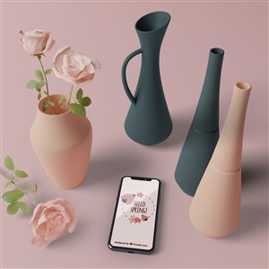3D花瓶与桌面上的手机贴图样机