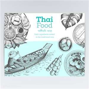 泰式烤肉咖喱面條海鮮手繪美食素材