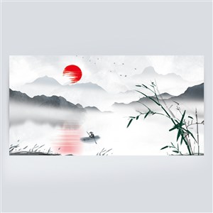 中国风意境渔夫山水水墨背景素材
