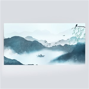 古风云雾缭绕泛舟水墨山水画背景素材