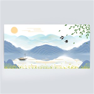 春天唯美手绘水墨山水画中国风景背景图