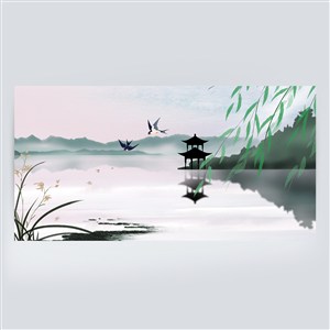 湖边楼塔燕雀飞翔中国风山水画水墨背景