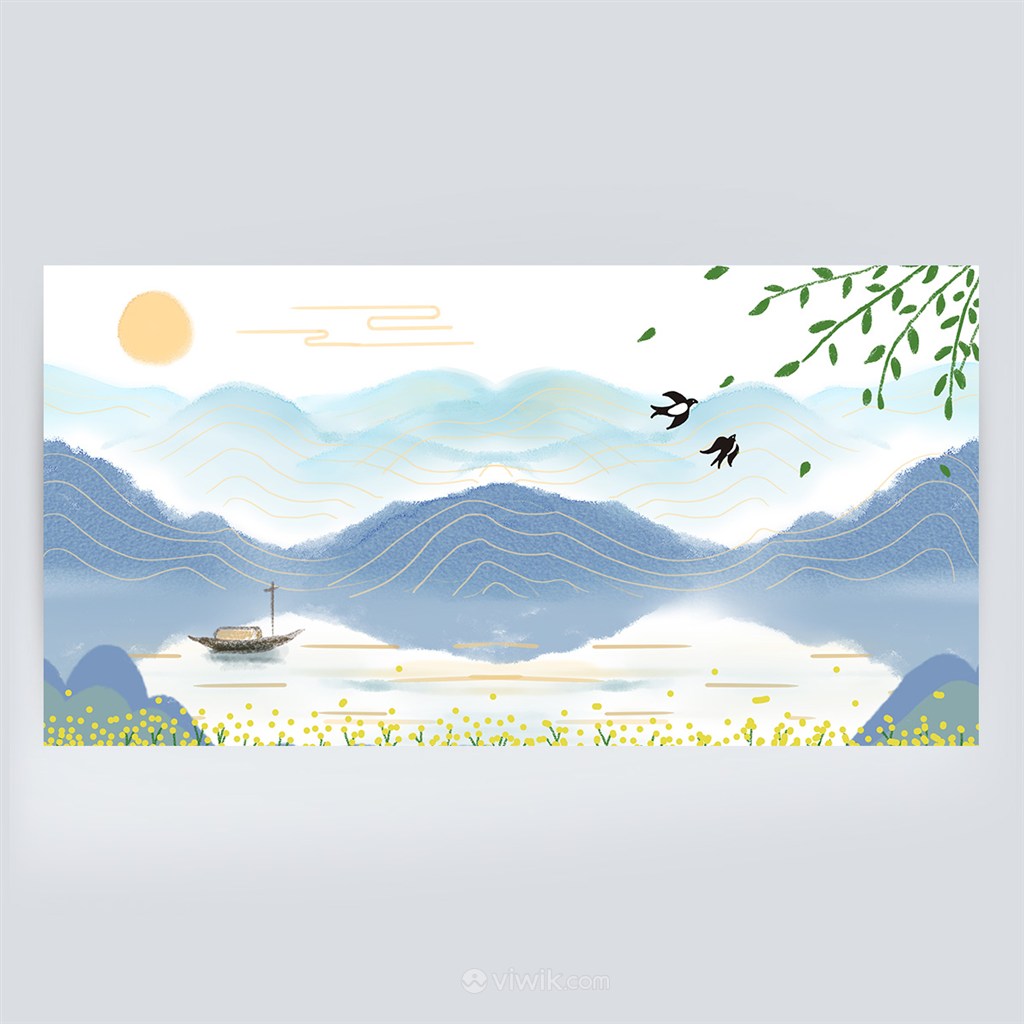 春天唯美手绘水墨山水画中国风景背景图