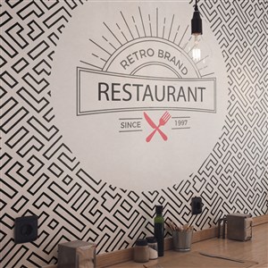 餐厅里印有logo的墙纸贴图样机