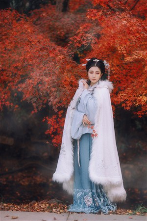 红色枫叶树下的古装美女图片