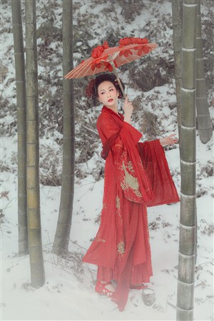 大雪天竹林打著傘的絕世容顏古裝美女圖片