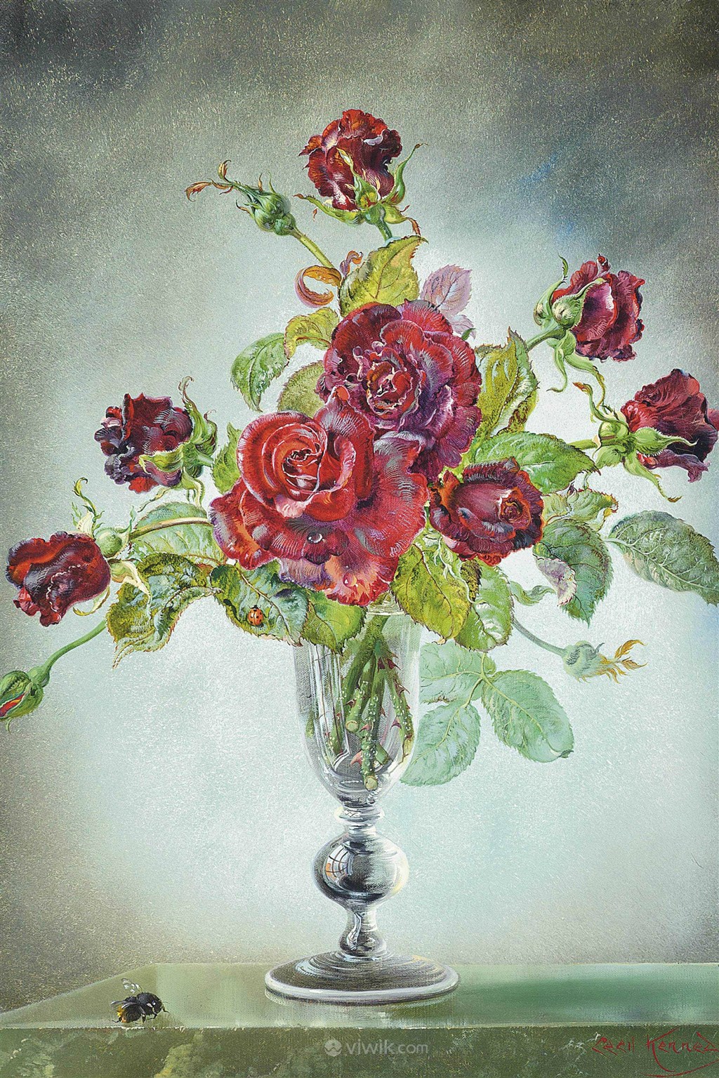 红色玫瑰花卉油画高清大图