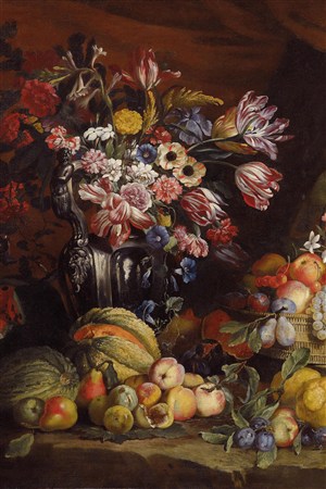 水果堆中的写意花卉油画作品图片