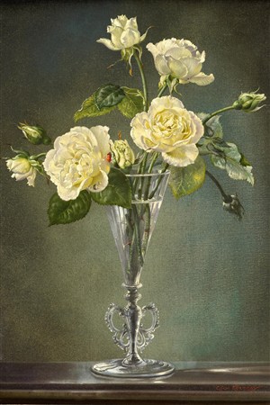 高脚花瓶黄色康乃馨写意花卉油画作品图片