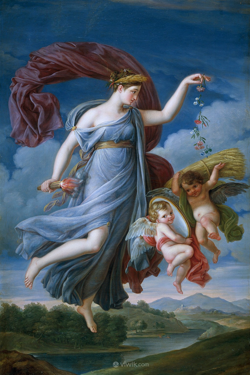 蓝天下飞起来的天使和宝宝超高清人物油画作品图片