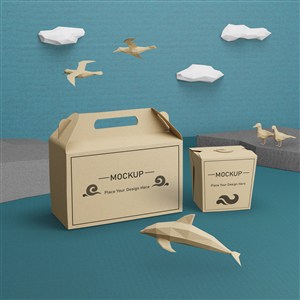 海豚与牛皮纸包装盒贴图样机
