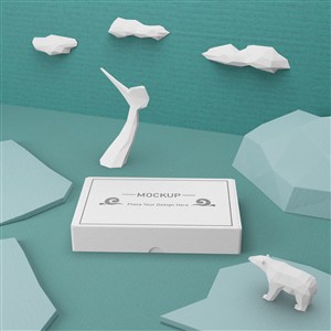 北极熊模型旁边的白色纸盒贴图样机