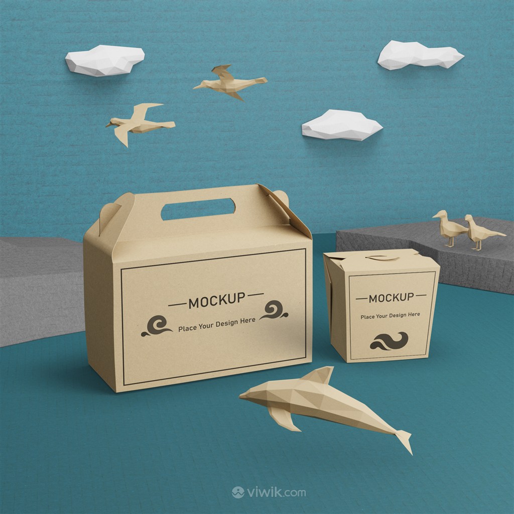 海豚与牛皮纸包装盒贴图样机
