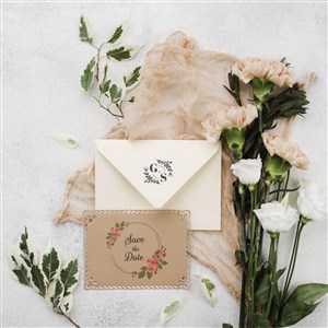 美丽的鲜花旁边的婚礼邀请函贴图样机