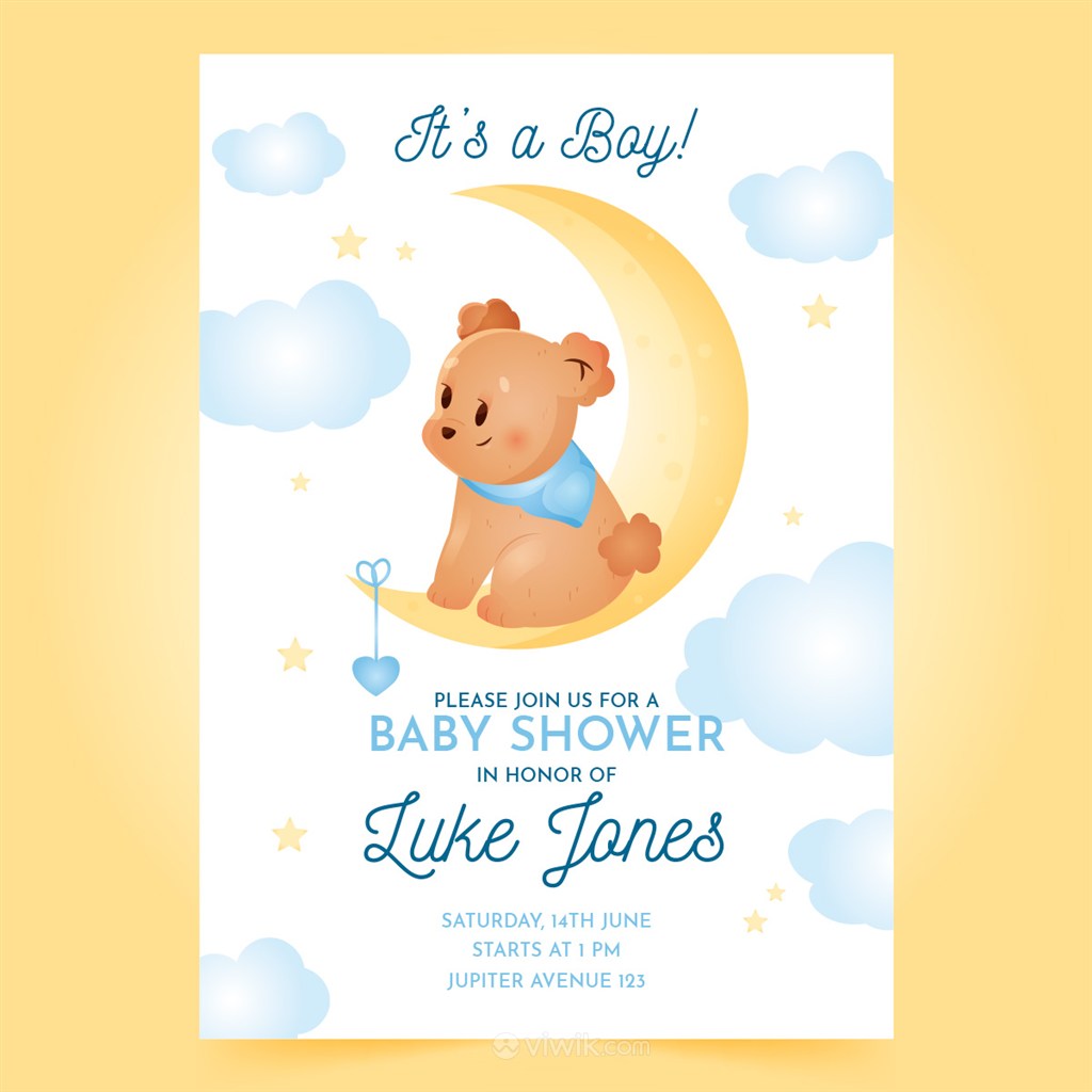 可爱卡通月亮上的小熊迎婴派对宝宝生日海报矢量模板