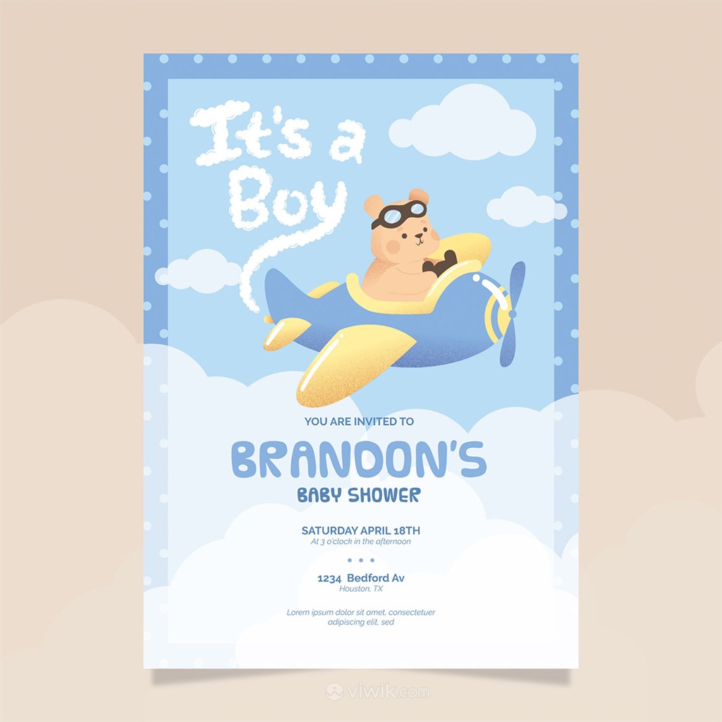 卡通开飞机的小熊舒克迎婴派对宝宝生日海报背景模板