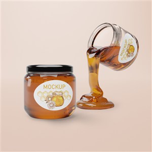 密封玻璃蜂蜜包装瓶和悬浮倒出蜂蜜的玻璃瓶贴图样机