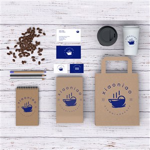 咖啡厅蓝色简约vi牛皮纸包装袋名片咖啡杯笔记本贴图样机