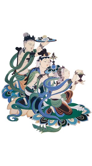 三个跪拜服侍侍从敦煌菩萨矢量壁画手绘插画